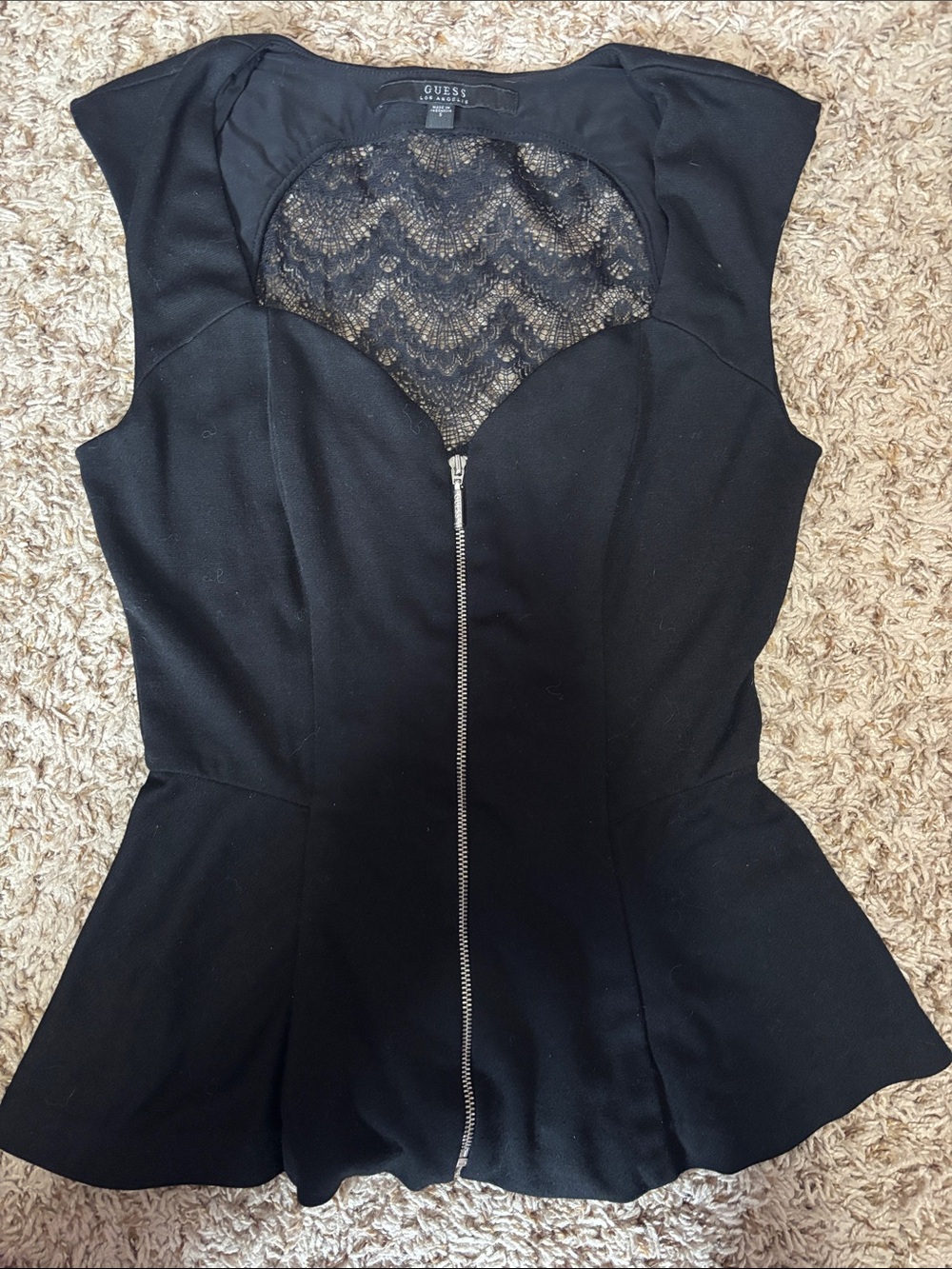Guess Black Lace-Back Peplum Top with Front Zip